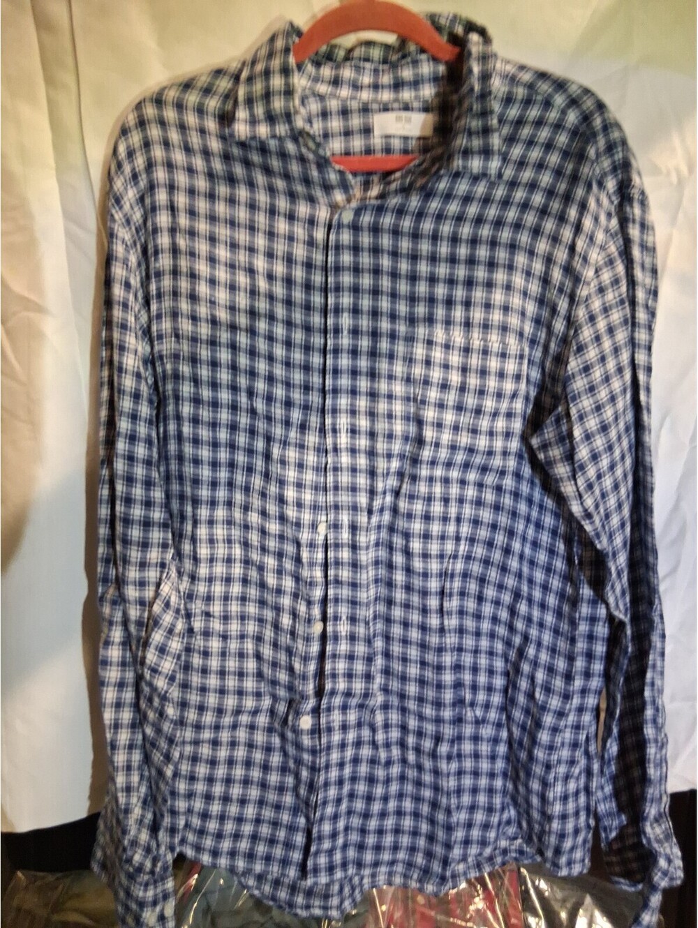 Uniqlo Men's 100% Linen Checked Button-Up Shirt Blue White XL Long Sleeve G2